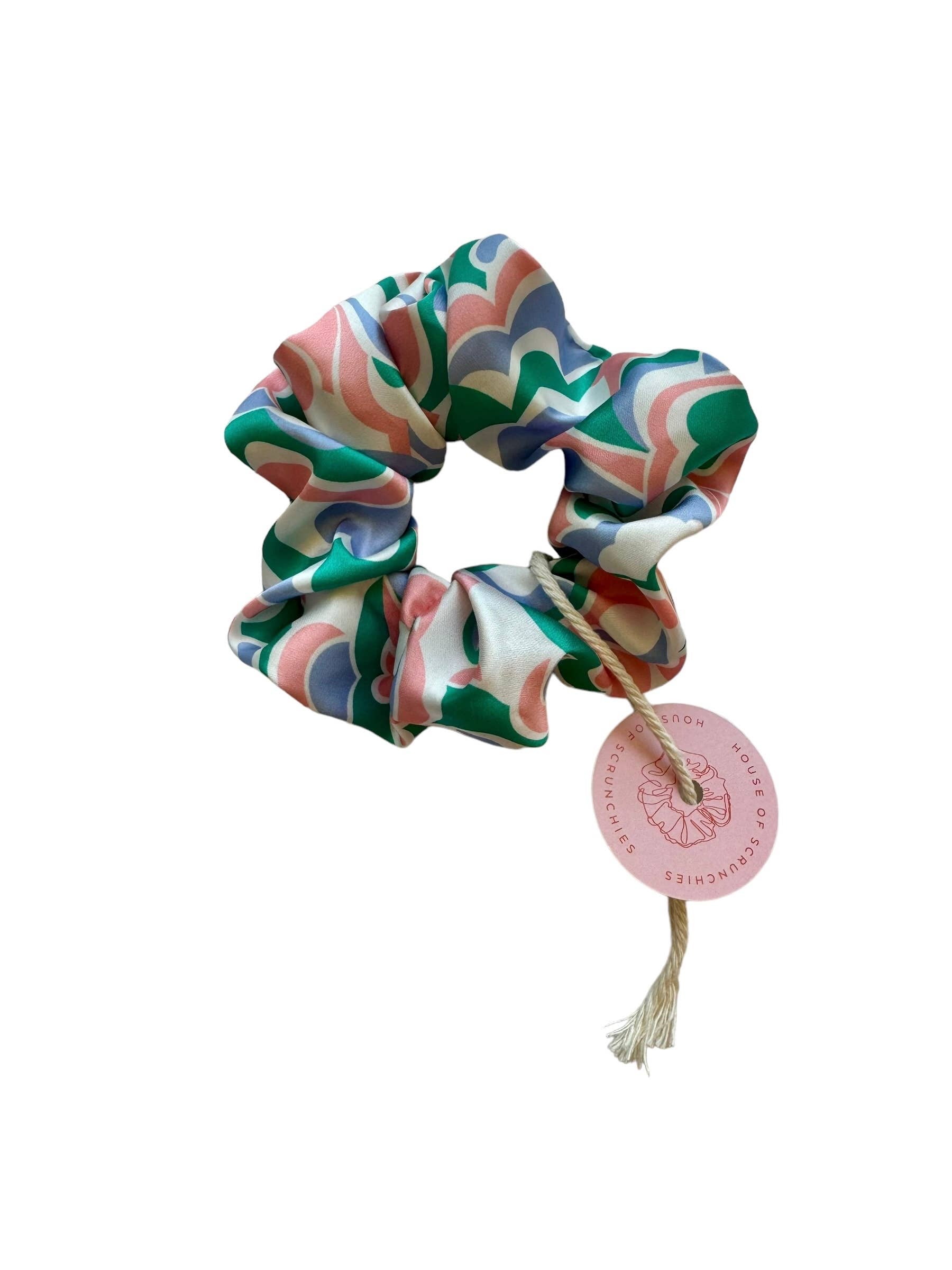 Scrunchie - Hellblau/ Rosa/ Grün Satin Blumen - Recycelt